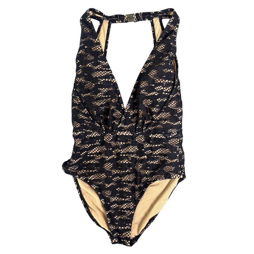 Kenneth Cole New York Womens Black Lace Overlay One Piece Swimsuit Halter Neck